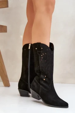 Hot Zamszowe Kozaki Z Ażurową Cholewką Zazoo 3609 Czarne Damskie Kozaki Na Słupku|Kozaki Ażurowe