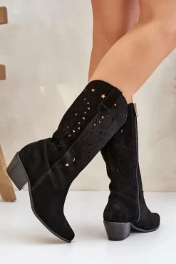 Hot Zamszowe Kozaki Z Ażurową Cholewką Zazoo 3609 Czarne Damskie Kozaki Na Słupku|Kozaki Ażurowe