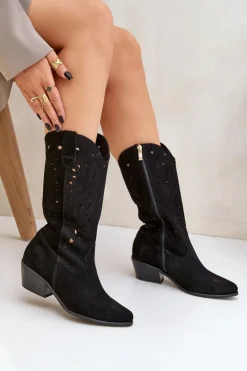 Hot Zamszowe Kozaki Z Ażurową Cholewką Zazoo 3609 Czarne Damskie Kozaki Na Słupku|Kozaki Ażurowe