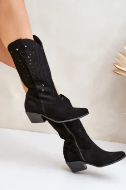 Hot Zamszowe Kozaki Z Ażurową Cholewką Zazoo 3609 Czarne Damskie Kozaki Na Słupku|Kozaki Ażurowe
