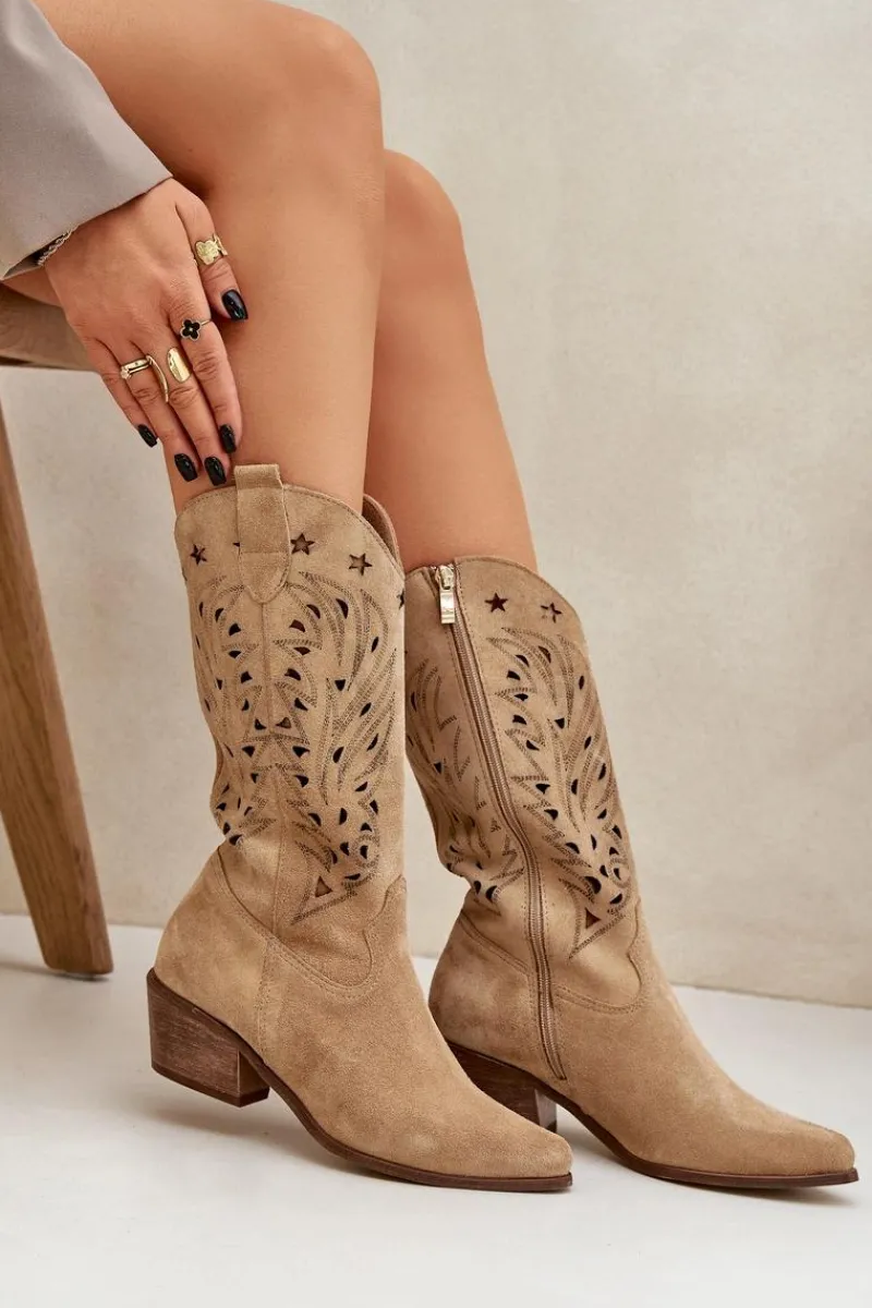 Kozaki Ażurowe|Kozaki Na Obcasie>Boto Zamszowe Kozaki Z Ażurową Cholewką Zazoo 3714 Beżowe