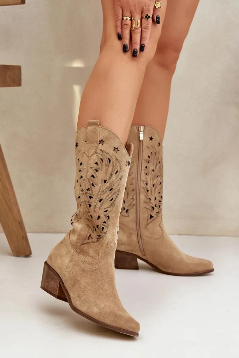 Kozaki Ażurowe|Kozaki Na Obcasie>Boto Zamszowe Kozaki Z Ażurową Cholewką Zazoo 3714 Beżowe
