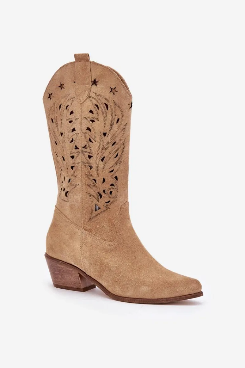 Kozaki Ażurowe|Kozaki Na Obcasie>Boto Zamszowe Kozaki Z Ażurową Cholewką Zazoo 3714 Beżowe