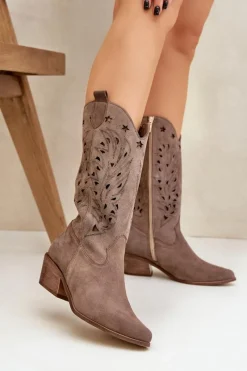 Zamszowe Kozaki Z Ażurową Cholewką Zazoo 3609 Brązowe Damskie Kozaki Ażurowe|Kozaki Na Obcasie