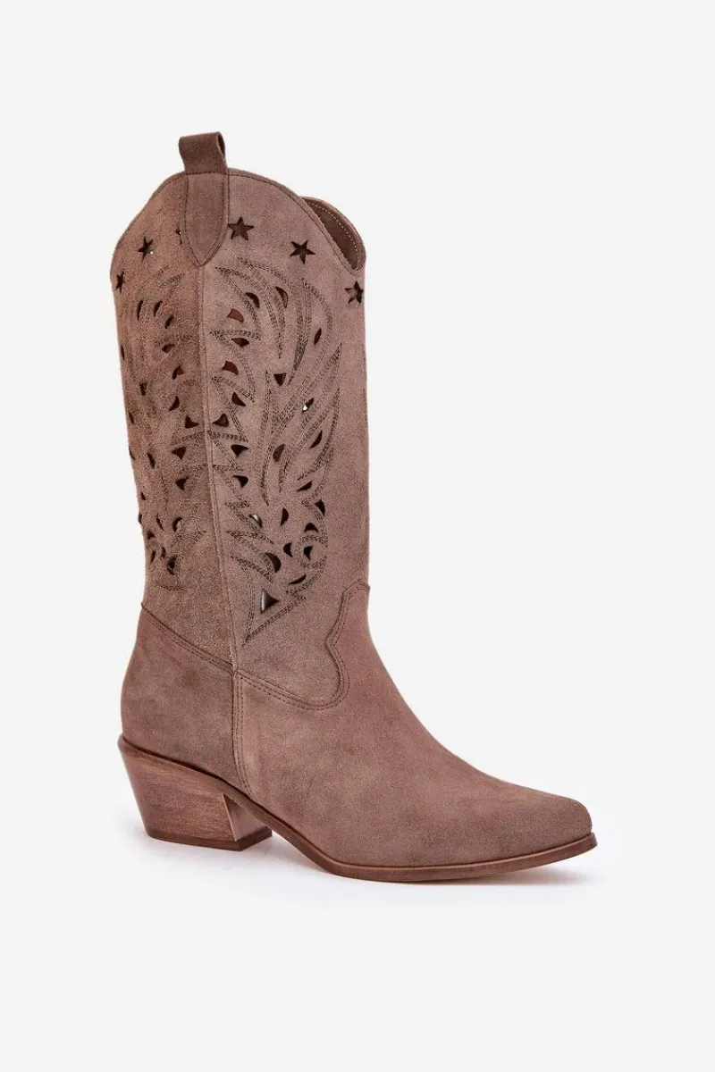 Zamszowe Kozaki Z Ażurową Cholewką Zazoo 3609 Brązowe Damskie Kozaki Ażurowe|Kozaki Na Obcasie