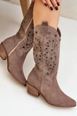 Zamszowe Kozaki Z Ażurową Cholewką Zazoo 3609 Brązowe Damskie Kozaki Ażurowe|Kozaki Na Obcasie