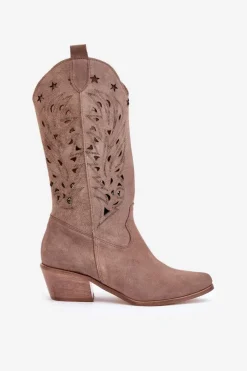 Zamszowe Kozaki Z Ażurową Cholewką Zazoo 3609 Brązowe Damskie Kozaki Ażurowe|Kozaki Na Obcasie