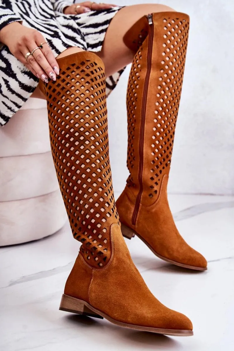Outlet Zamszowe Kozaki Z Ażurowym Wzorem Rude Arinna Damskie Kozaki Wiosenne|Kozaki Ażurowe
