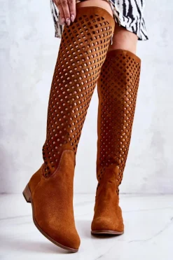 Outlet Zamszowe Kozaki Z Ażurowym Wzorem Rude Arinna Damskie Kozaki Wiosenne|Kozaki Ażurowe