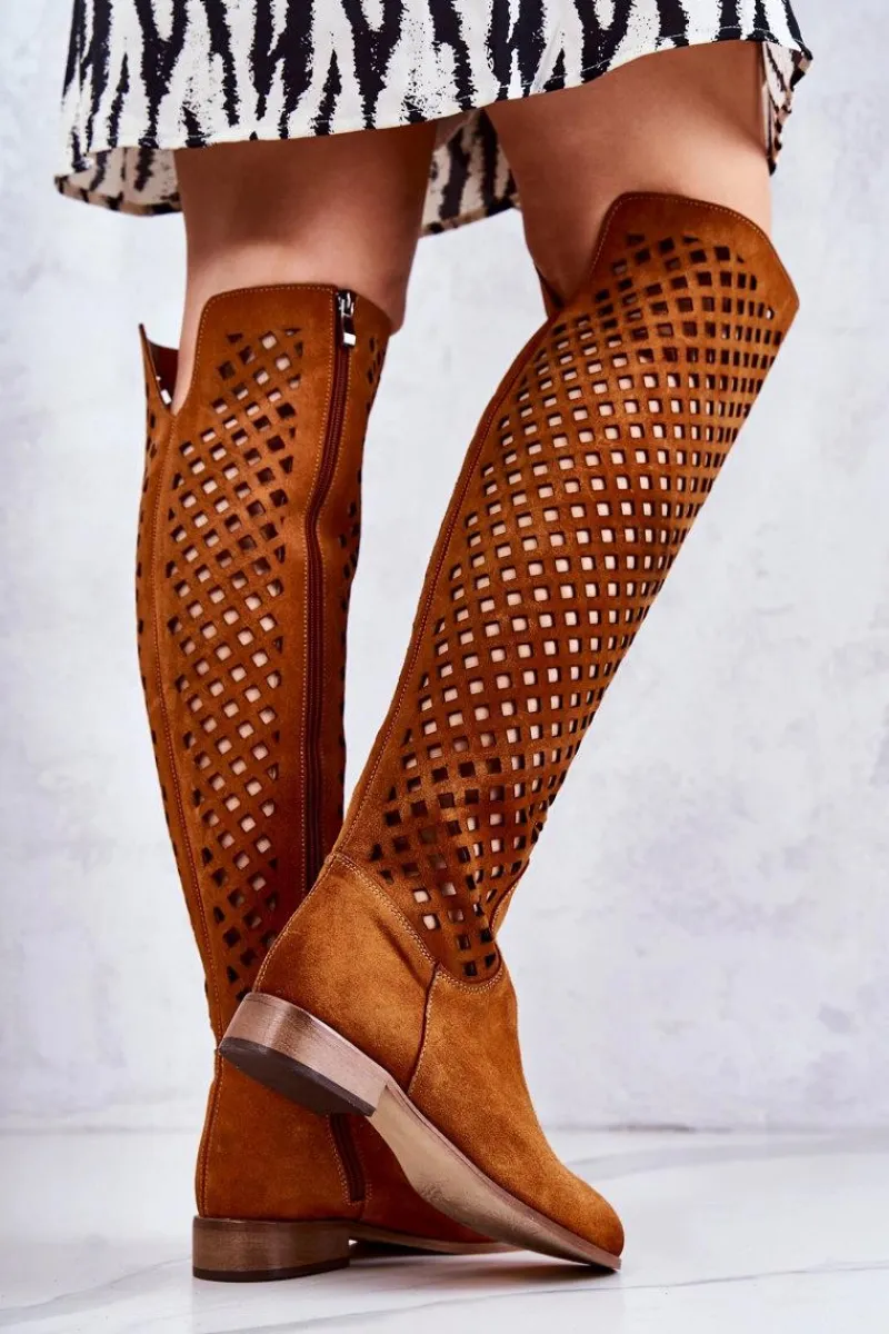 Outlet Zamszowe Kozaki Z Ażurowym Wzorem Rude Arinna Damskie Kozaki Wiosenne|Kozaki Ażurowe