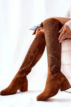 Kozaki Wiosenne|Kozaki Za Kolano>Boto Zamszowe Kozaki Z Ażurowym Wzorem Brązowe Hekilea