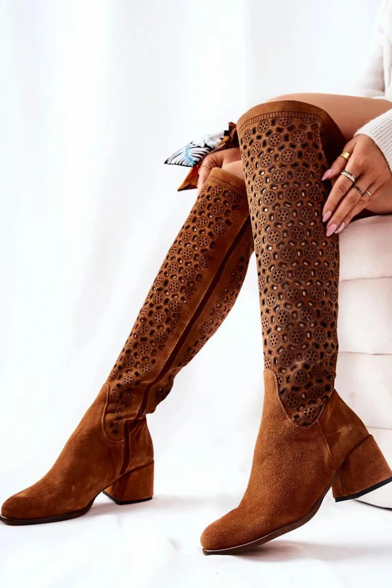 Kozaki Wiosenne|Kozaki Za Kolano>Boto Zamszowe Kozaki Z Ażurowym Wzorem Brązowe Hekilea