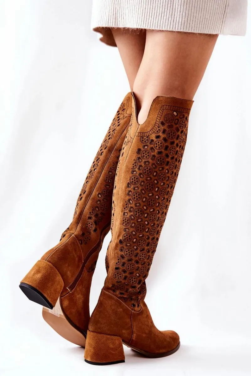 Kozaki Wiosenne|Kozaki Za Kolano>Boto Zamszowe Kozaki Z Ażurowym Wzorem Brązowe Hekilea