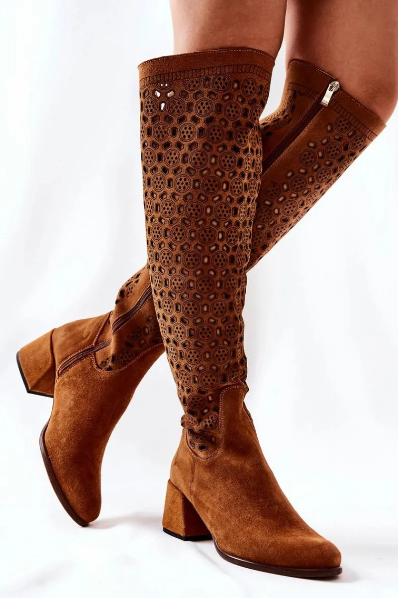 Kozaki Wiosenne|Kozaki Za Kolano>Boto Zamszowe Kozaki Z Ażurowym Wzorem Brązowe Hekilea