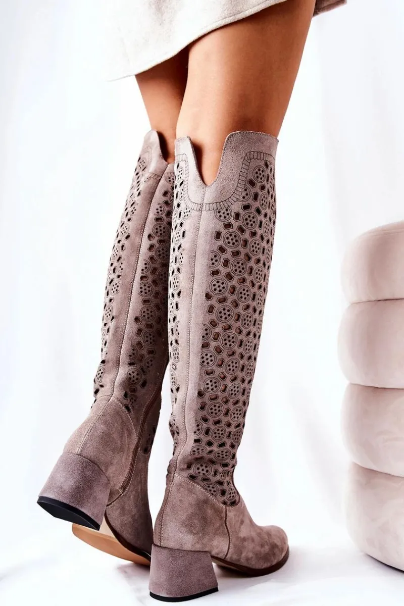 Zamszowe Kozaki Z Ażurowym Wzorem Jasnobrązowe Hekilea Damskie Kozaki Za Kolano|Kozaki Wiosenne