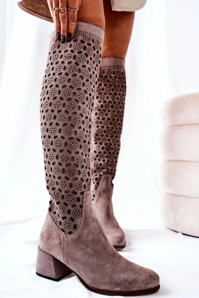 Zamszowe Kozaki Z Ażurowym Wzorem Jasnobrązowe Hekilea Damskie Kozaki Za Kolano|Kozaki Wiosenne