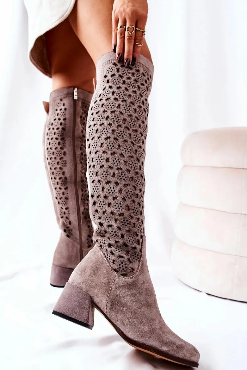 Zamszowe Kozaki Z Ażurowym Wzorem Jasnobrązowe Hekilea Damskie Kozaki Za Kolano|Kozaki Wiosenne