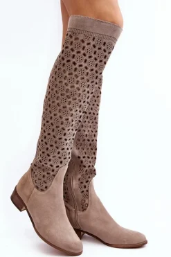 Muszkieterki|Kozaki Wiosenne>Boto Zamszowe Kozaki Z Ażurowym Wzorem Beżowe Pointe