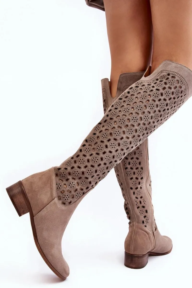 Muszkieterki|Kozaki Wiosenne>Boto Zamszowe Kozaki Z Ażurowym Wzorem Beżowe Pointe