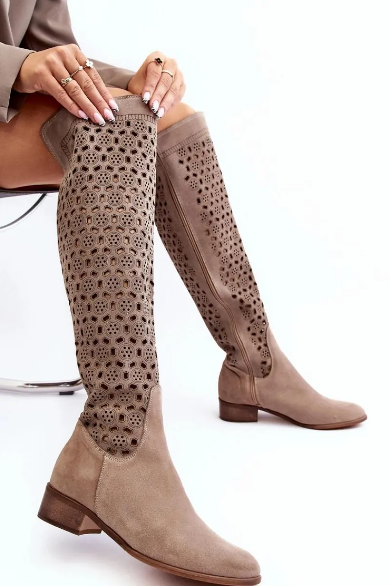 Muszkieterki|Kozaki Wiosenne>Boto Zamszowe Kozaki Z Ażurowym Wzorem Beżowe Pointe