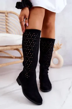 Hot Damskie buty S.Barski Zamszowe Kozaki Z Ażurowym Wzorem Czarne Darnell