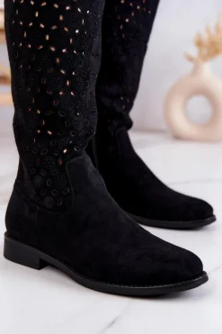 Hot Damskie buty S.Barski Zamszowe Kozaki Z Ażurowym Wzorem Czarne Darnell