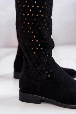 Hot Damskie buty S.Barski Zamszowe Kozaki Z Ażurowym Wzorem Czarne Darnell