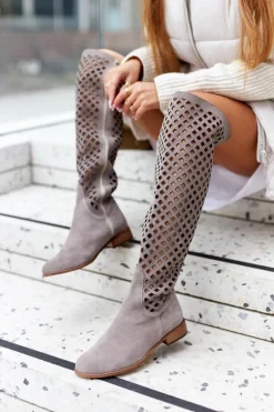 Clearance Boto Zamszowe Kozaki Z Ażurowym Wzorem Jasnobrązowe Arinna