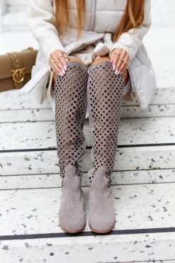 Clearance Boto Zamszowe Kozaki Z Ażurowym Wzorem Jasnobrązowe Arinna