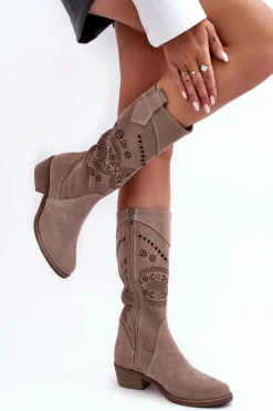 New Zamszowe Kozaki Z Ażurowym Wzorem Cappuccino Sierra Damskie Kozaki Wiosenne|Kozaki Ażurowe