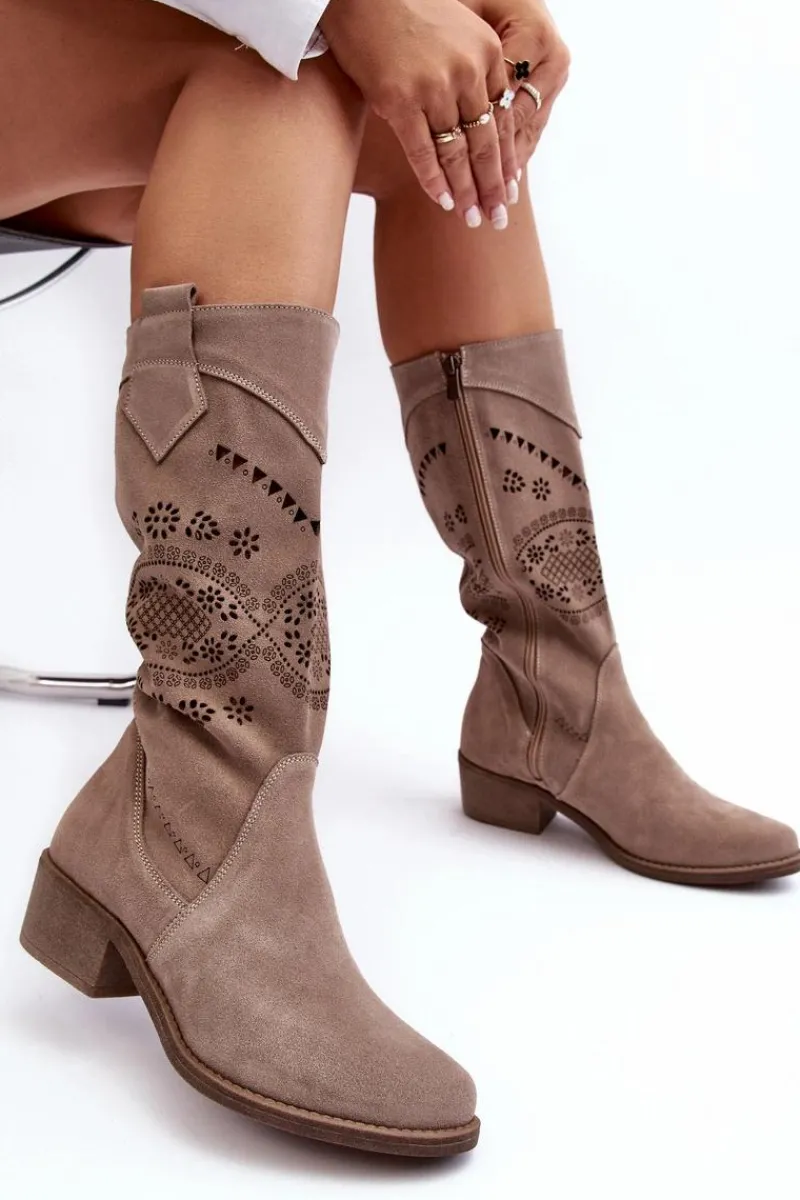 New Zamszowe Kozaki Z Ażurowym Wzorem Cappuccino Sierra Damskie Kozaki Wiosenne|Kozaki Ażurowe