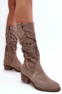 New Zamszowe Kozaki Z Ażurowym Wzorem Cappuccino Sierra Damskie Kozaki Wiosenne|Kozaki Ażurowe