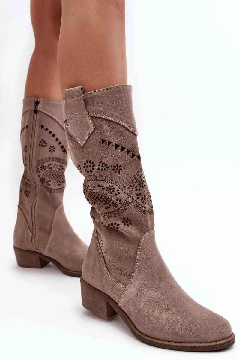 New Zamszowe Kozaki Z Ażurowym Wzorem Cappuccino Sierra Damskie Kozaki Wiosenne|Kozaki Ażurowe