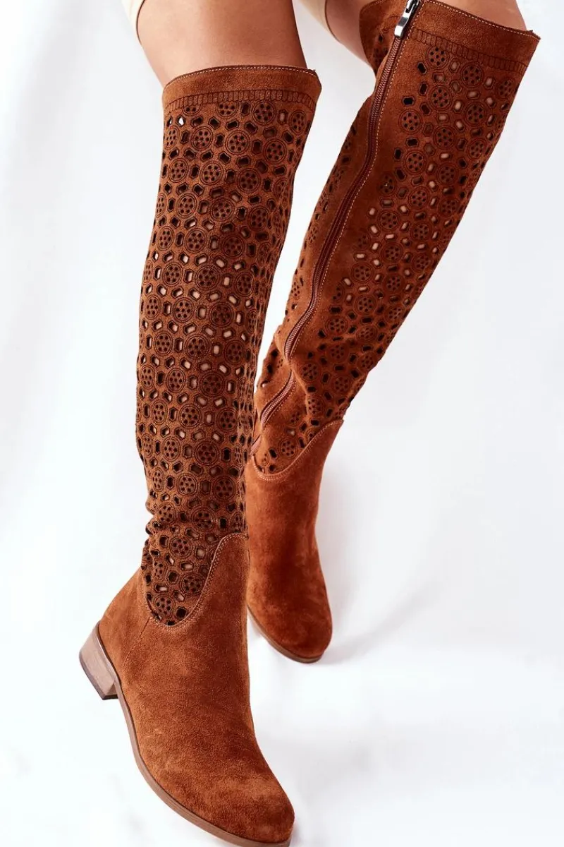 Kozaki Wiosenne|Kozaki Za Kolano>Boto Zamszowe Kozaki Z Ażurowym Wzorem Brązowe Pointe