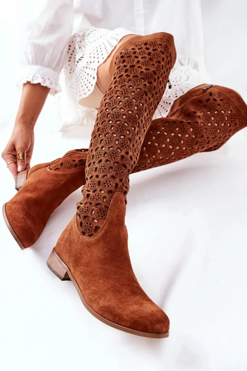 Kozaki Wiosenne|Kozaki Za Kolano>Boto Zamszowe Kozaki Z Ażurowym Wzorem Brązowe Pointe