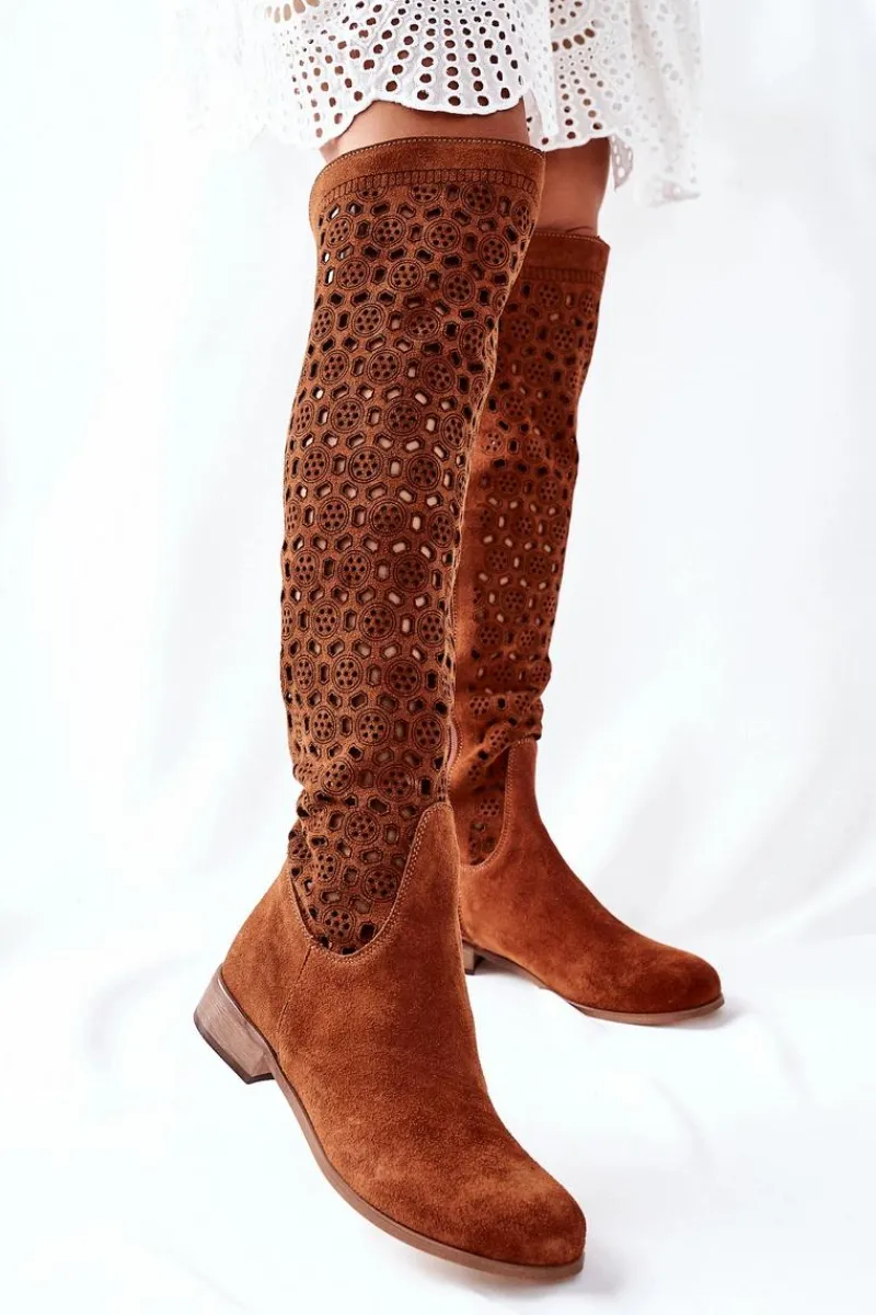 Kozaki Wiosenne|Kozaki Za Kolano>Boto Zamszowe Kozaki Z Ażurowym Wzorem Brązowe Pointe