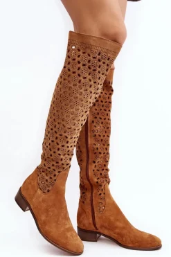 Online Boto Zamszowe Kozaki Z Ażurowym Wzorem Camel Pointe