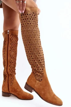Online Boto Zamszowe Kozaki Z Ażurowym Wzorem Camel Pointe