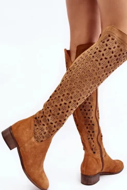 Online Boto Zamszowe Kozaki Z Ażurowym Wzorem Camel Pointe