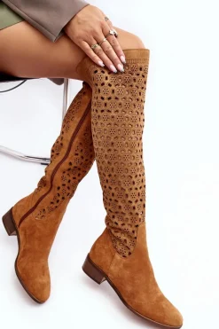 Online Boto Zamszowe Kozaki Z Ażurowym Wzorem Camel Pointe