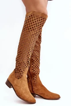 Sale Zamszowe Kozaki Z Ażurowym Wzorem Camel Arinna Damskie Muszkieterki|Kozaki Wiosenne