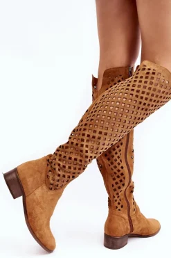 Sale Zamszowe Kozaki Z Ażurowym Wzorem Camel Arinna Damskie Muszkieterki|Kozaki Wiosenne