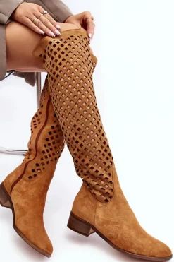 Sale Zamszowe Kozaki Z Ażurowym Wzorem Camel Arinna Damskie Muszkieterki|Kozaki Wiosenne