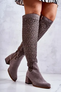 Kozaki Wiosenne|Kozaki Za Kolano>Boto Zamszowe Kozaki Z Ażurowym Wzorem Szare Hekilea