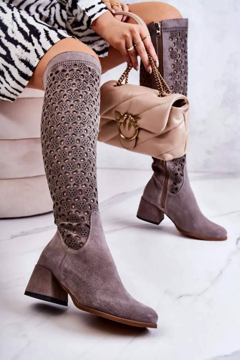 Kozaki Wiosenne|Kozaki Za Kolano>Boto Zamszowe Kozaki Z Ażurowym Wzorem Szare Hekilea