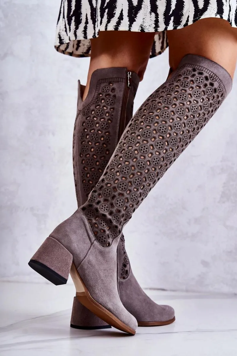 Kozaki Wiosenne|Kozaki Za Kolano>Boto Zamszowe Kozaki Z Ażurowym Wzorem Szare Hekilea