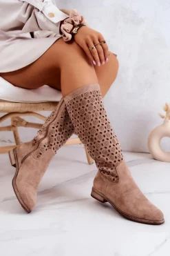 New Zamszowe Kozaki Z Ażurowym Wzorem Beżowe Darnell Damskie Kozaki Wiosenne|Kozaki Płaskie