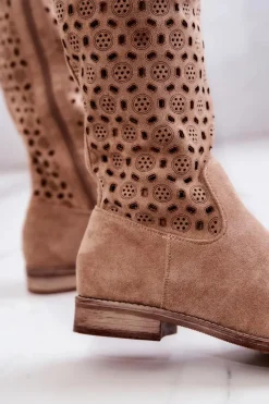 New Zamszowe Kozaki Z Ażurowym Wzorem Beżowe Darnell Damskie Kozaki Wiosenne|Kozaki Płaskie