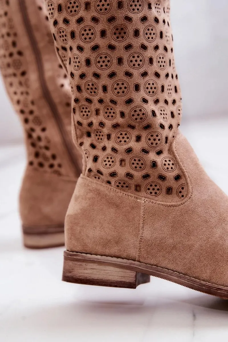 New Zamszowe Kozaki Z Ażurowym Wzorem Beżowe Darnell Damskie Kozaki Wiosenne|Kozaki Płaskie