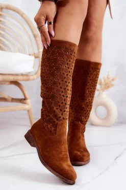 Kozaki Wiosenne|Kozaki Płaskie>Damskie buty S.Barski Zamszowe Kozaki Z Ażurowym Wzorem Camel Darnell